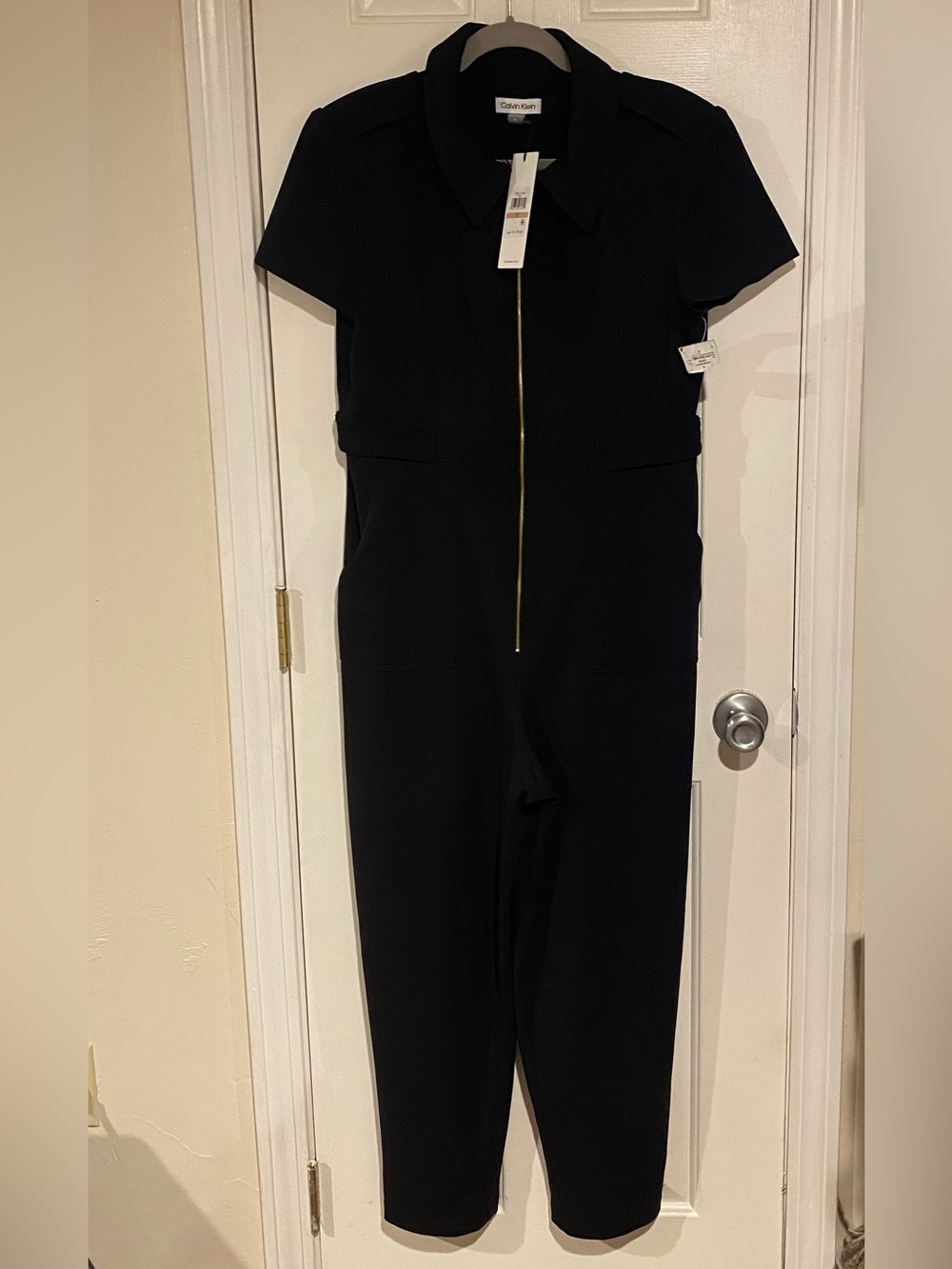 Calvin Klein Black Short-Sleeve Zip-Front Jumpsuit with Gold Zipper